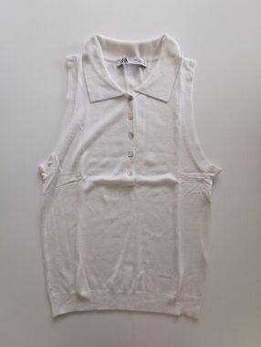 ZARA White Sleeveless Polo Collar Quarter Button-Up Knit Tank Top